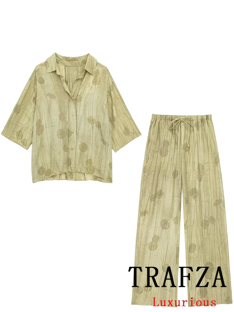 TRAFZA Vintage Green Embroidery Women Suit Single Breasted V Neck Shirts Loose Long Pants Fashion 2024 Spring Summer Sets