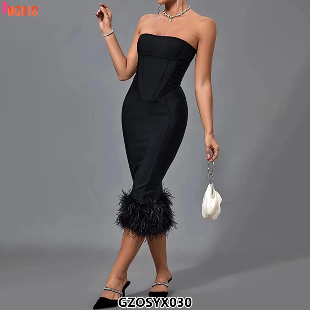 

2025 Fall Hot Style Elegant Party Bandage Spaghetti Strap Dress Feather Slit Long Sleeveless Summer Womens Dresses-GZOSYX030
