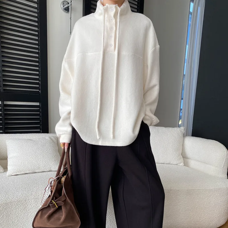 LIMO Spring Summer 2025 Trending Simple Casual Comfortable Lapel Hoodie with Drawstring Buttons Design Polyester Fabric