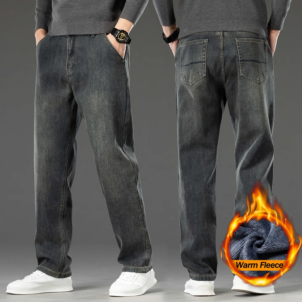 2026 Winter Fleece Men's Jeans Warm Velvet Lining Vintage Washed Denim Pants Loose Straight Thermal Business Casual Trousers