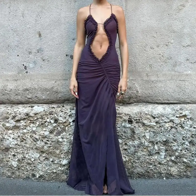 فستان Y2K للربيع والصيف مثير برباط علوي بفتحة عالية، فستان طويل للسيدات على طراز فتاة مثيرة لقضاء العطلات على الشاطئ