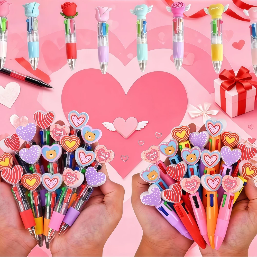 10-30 Uds. Bolígrafo de cuatro colores con forma de corazón para el Día de San Valentín, recuerdo para fiesta de boda, recuerdo, paquete de regalo de Carnaval
