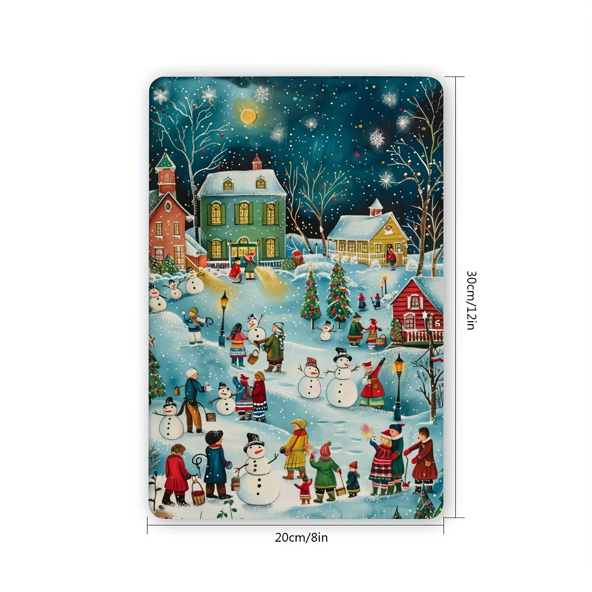 Vintage Village Christmas Metallic Tin Painting - 8x12 Inch Wall Decor for Home Bedroom Pub Cafe Library and Garage Decoration