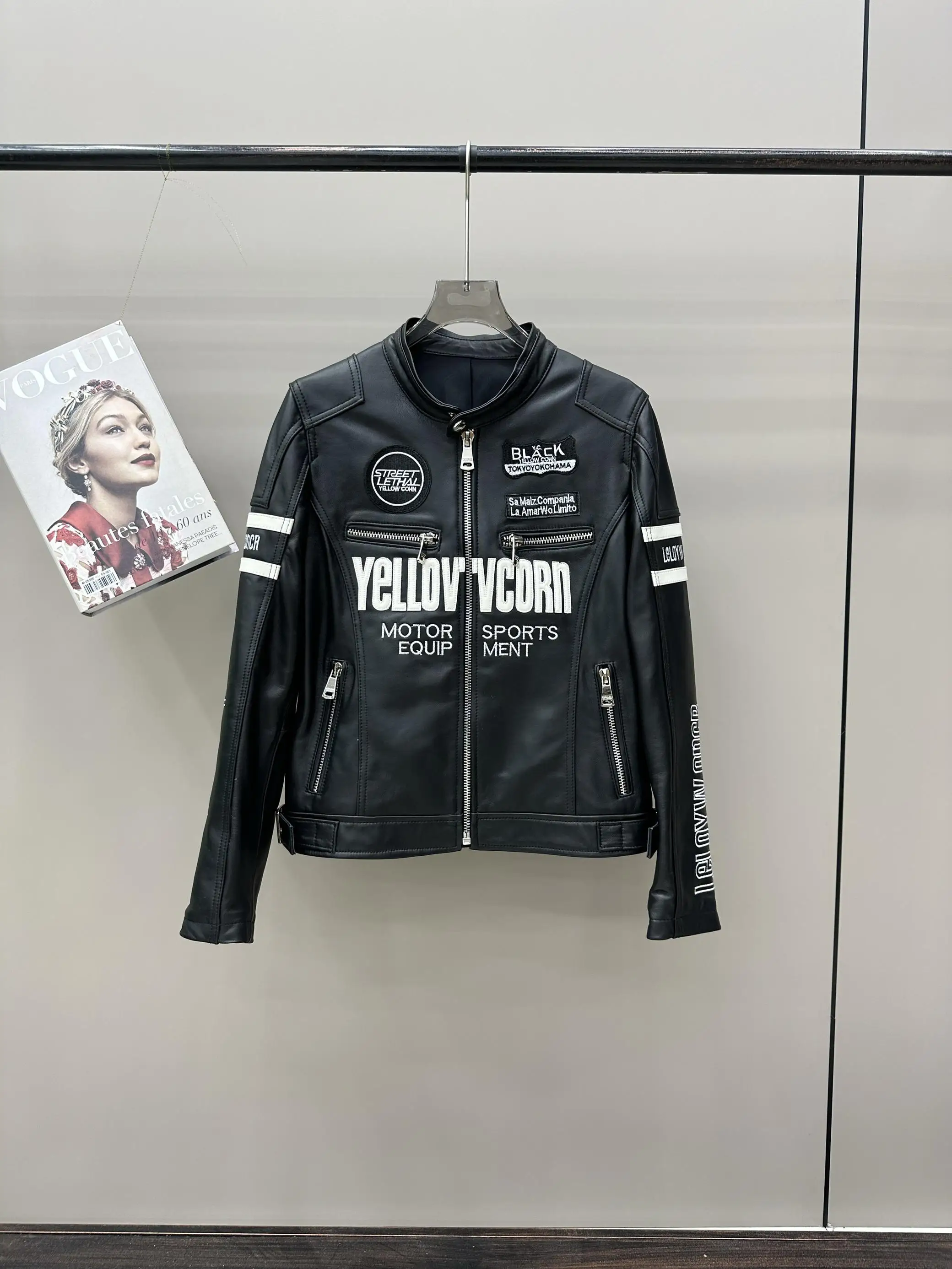 Kurtka motocyklowa plus size z prawdziwej skóry owczej, zapinana na zamek, z długimi rękawami, haftowana z motywem liter, w stylu biker, motor, punk, odzież wierzchnia.