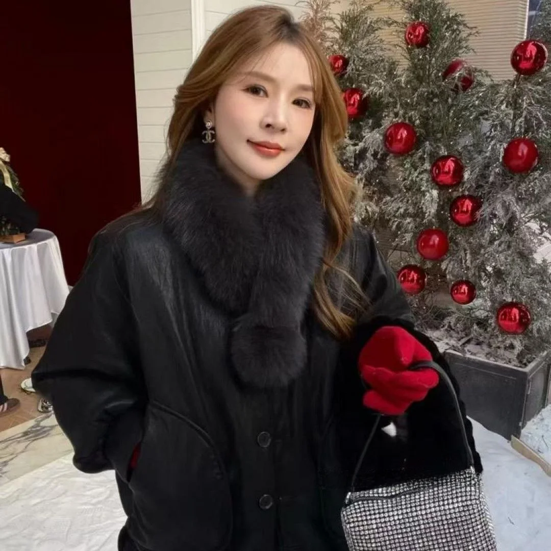 

Warm Plu Fur Collar down Jaet ort Loose Women's Leather Coat Bla Quilted ell Zipper Closure Winter Outerwear