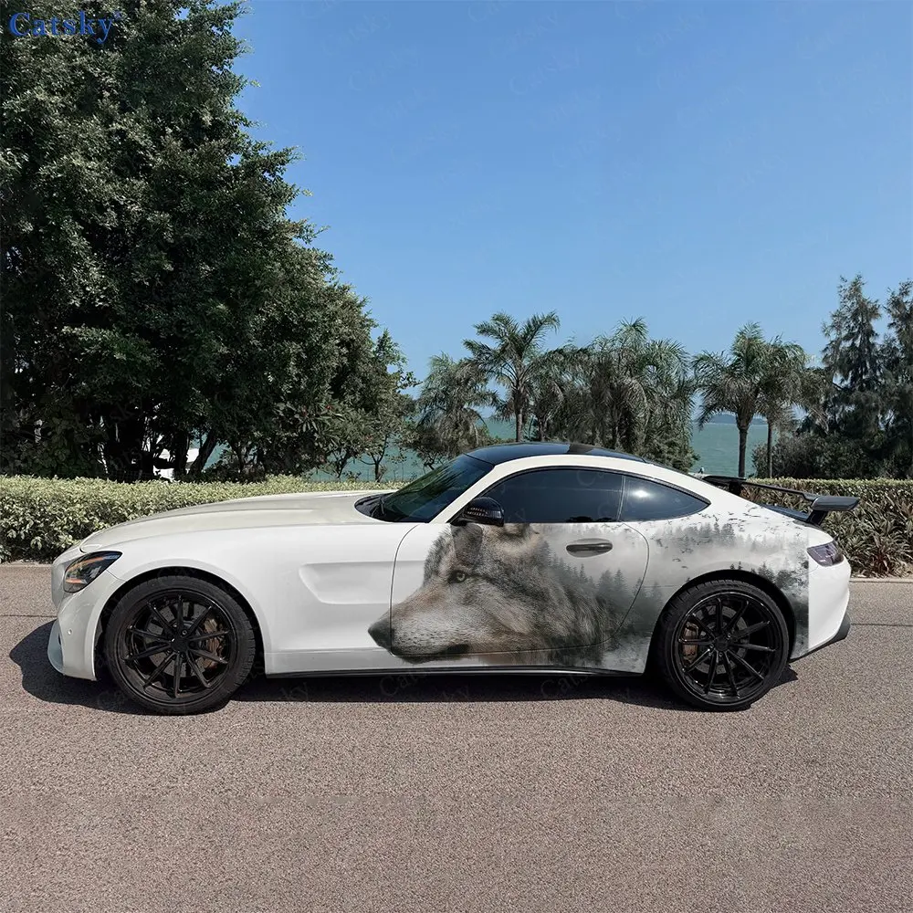 2pcs Forest Grey Wolf Pattern Car Side Wraps, Self-Adhesive PVC Waterproof & Scratch-Resistant Stickers, Car Accessory Gift