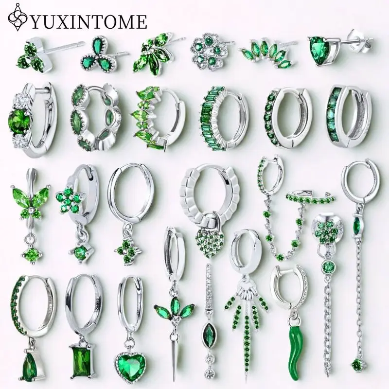 

Turquoise 925 Sterling Silver Ear Needle Green Zircon vintage emerald Heart/Flower Pendant Hoop Earrings Fashion party Jewelry