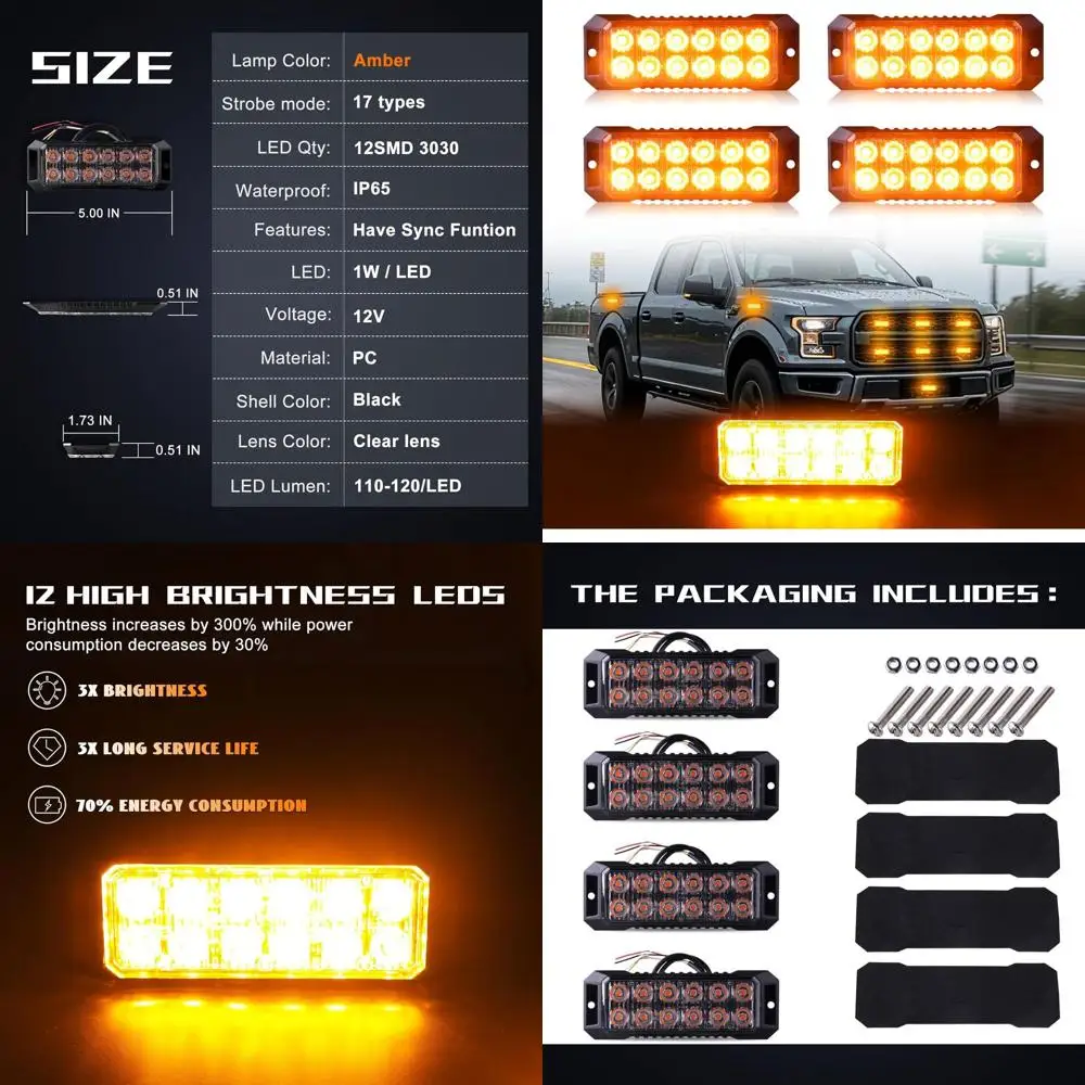 

Super Bright 12-LED Waterproof Mini Strobe Lights for Cars, Trucks - 4 Pack Emergency Warning Beacons