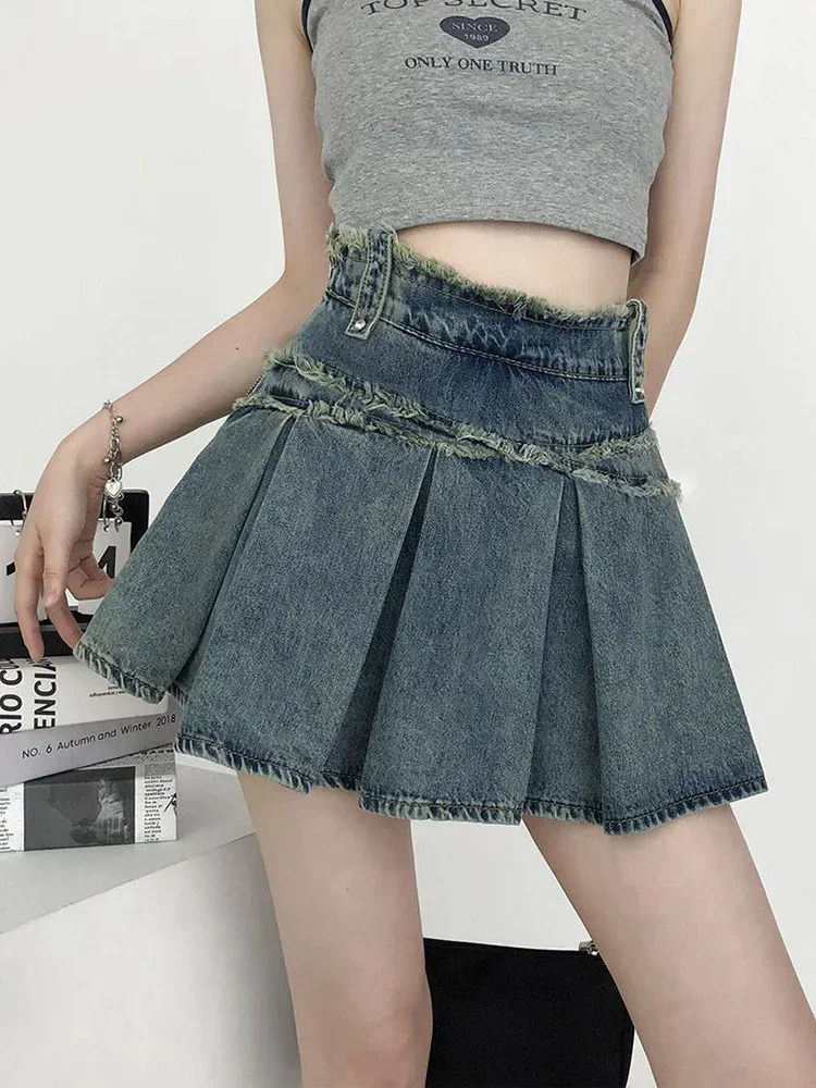 Vintage Pleated Denim Skirt Women Streetwear High Waist Y2k Mini Skirts American Retro Casual Female Summer A Line Skirts