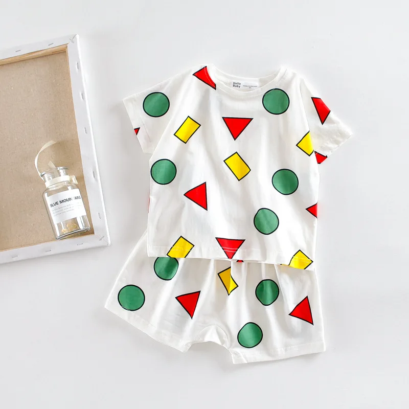 

Summer Cartoon Geometric Print Children's Set Casual Cotton O-neck T-shirt + Elastic Waist Shorts Baby Boys Girls Sleepwear 1-6Y