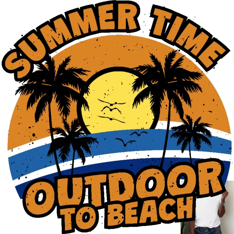 Summer Beach Style Heat Transfer White Ink Iron - on, Retro Coconut Tree & Wave Pattern, Suitable for T - shirts/Canvas Bags,
