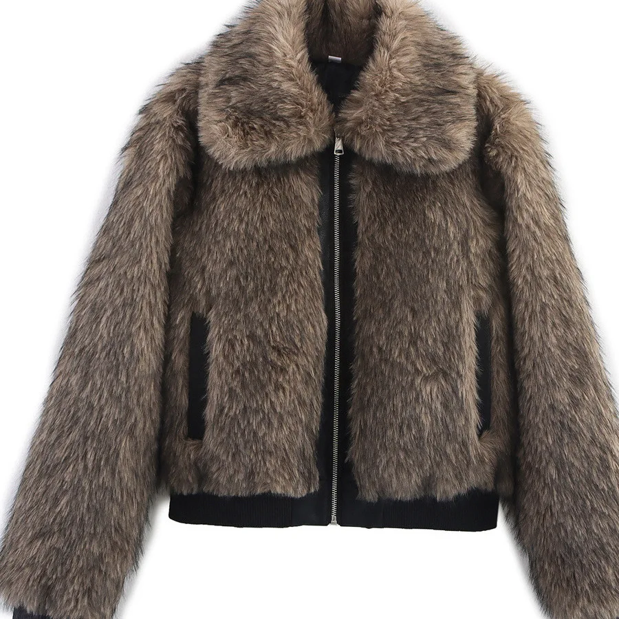 

Fashion Street Style Women's Jacket Coat Casual Color Block Fur Leather Integrated 2025 Polo Collar Polyester