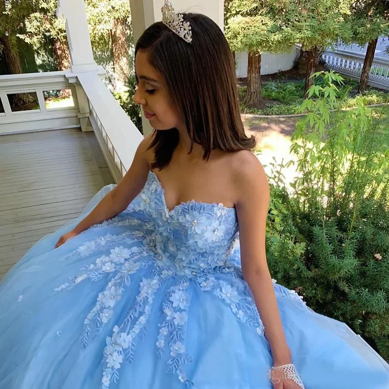 

Classic Floor-Length Sweetheart Tulle Ball Gown Quinceanera Dresses Light Blue Flower Pearls Vestidos De 15 Años Formal Vestido