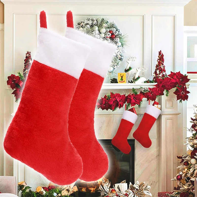 42 cm Weihnachtsstrümpfe, weiße Plüschmanschette, hängende Socken, personalisierte Geschenktüte, Strumpfdekorationen, Jahreszeit, Kamindekoration