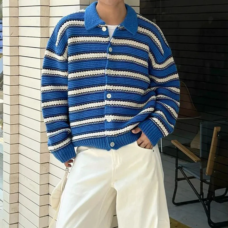 Vintage Striped Crochet Mens Sweater Jackets Casual Button-up Turn-down Collar Knit Cardigans Men Spring Autumn Fashion Sweaters