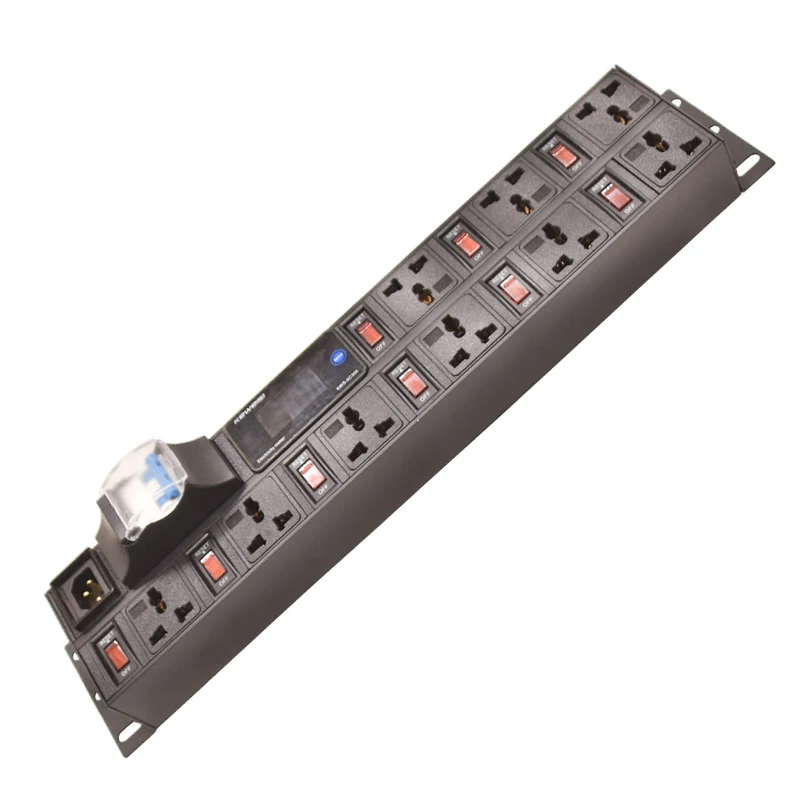 2U PDU Power Strip 9way Universal socket 9 Switch ammeter/voltmeter/power tester 16A air switch C14 interface For Cabinet Mount