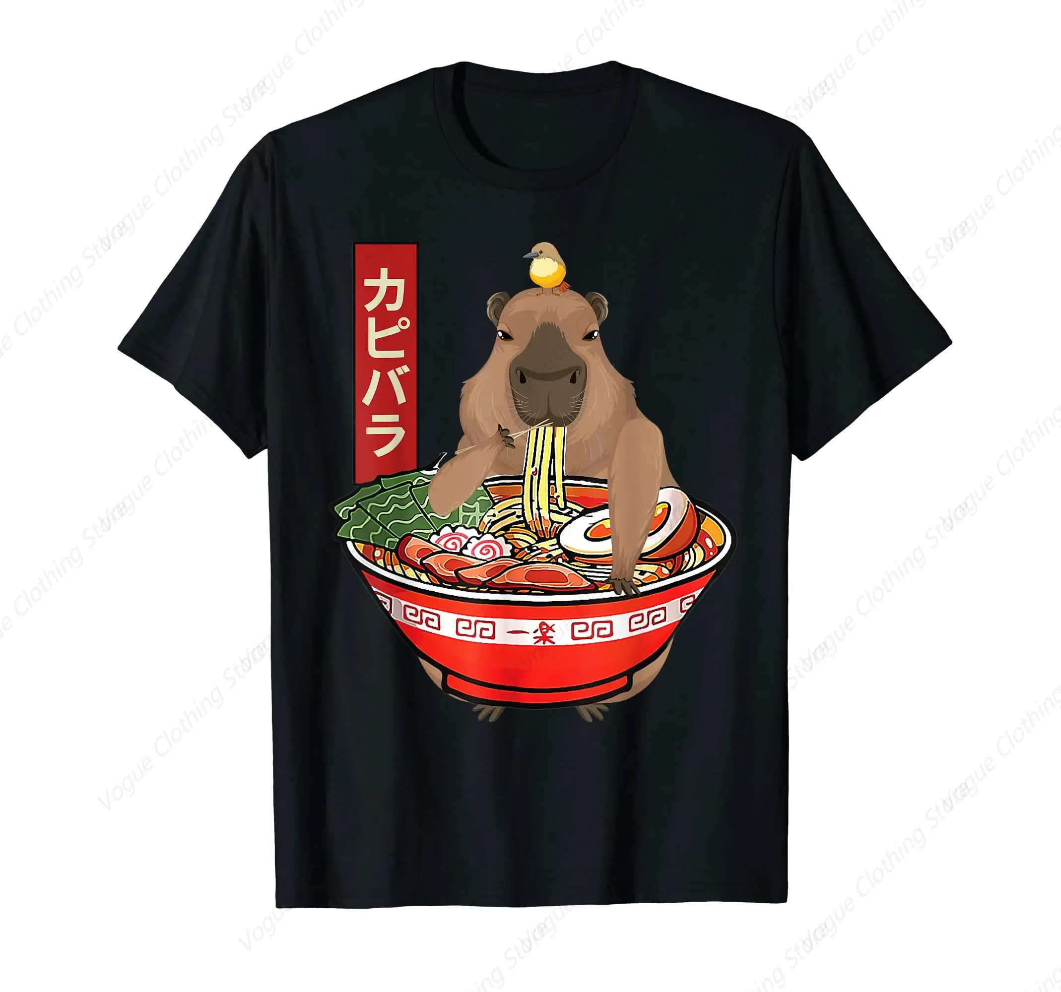 Kawaii Capybara Eating Ramen Noodles Anime Japanese T-Shirt Short Sleeves Cotton Clothing Outdoor Leisure Daily Tee