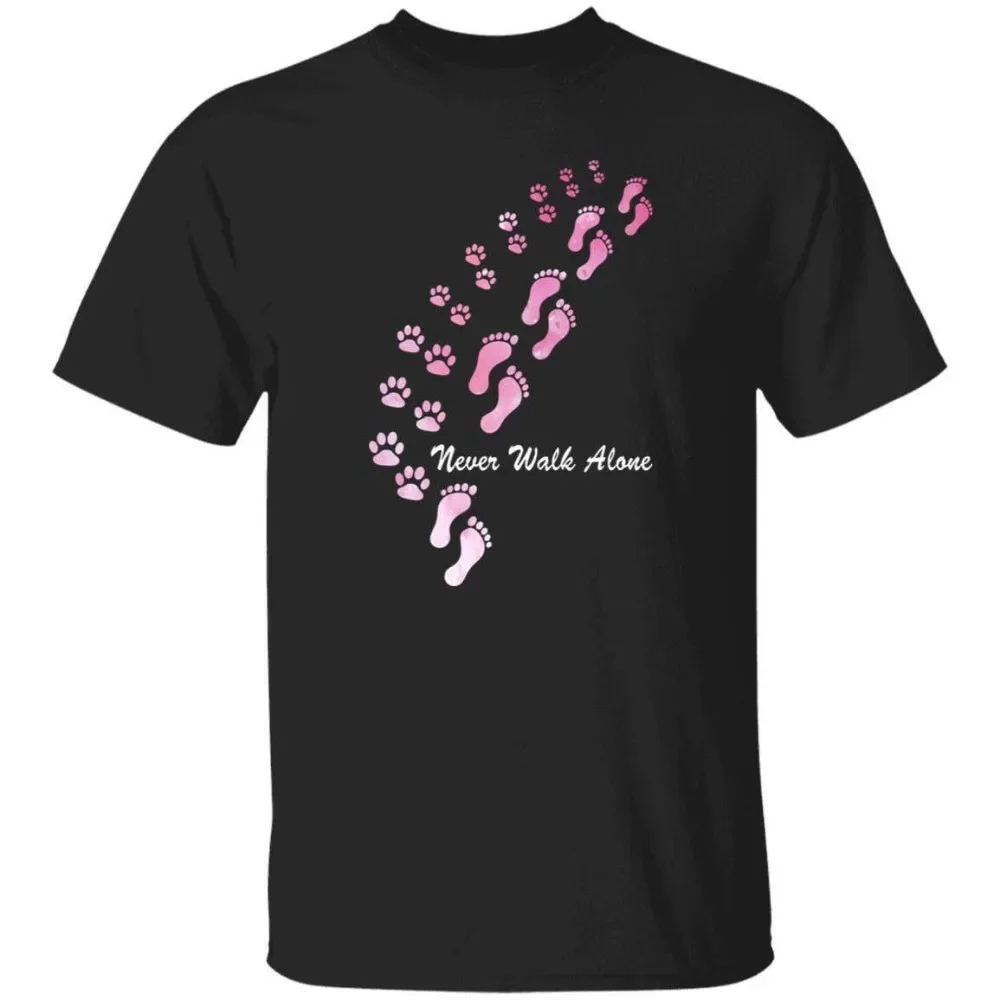 2024 Funny Never Walk Alone Man CottonT-Shirt Gift Dog Paw Steps Dog Mom Unisex Cotton Tee Black O-neck Short-sleev