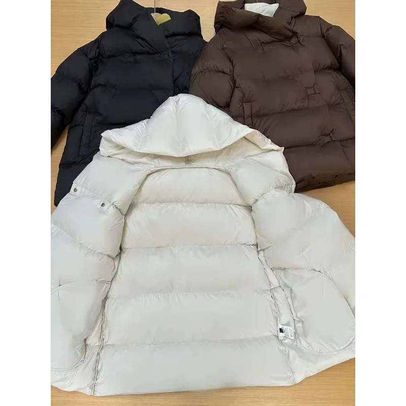 Jaqueta puffer de comprimento médio com capuz feminina, casacos de penas simples, parka solta casual, jaquetas monocromáticas, jaqueta quente à prova de vento, coreana