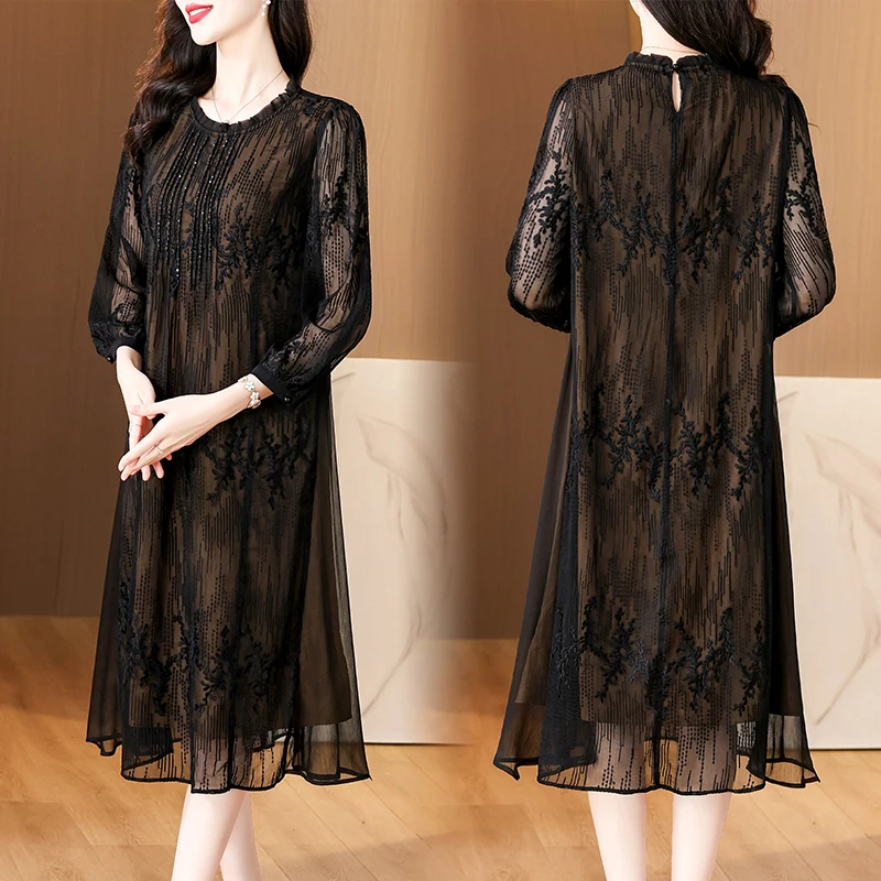 2024 Summer New Silk Mesh Embroidered O-Neck Dress Women's Lace Hollow Black Short Sleeves Loose Size Knee Length Dress