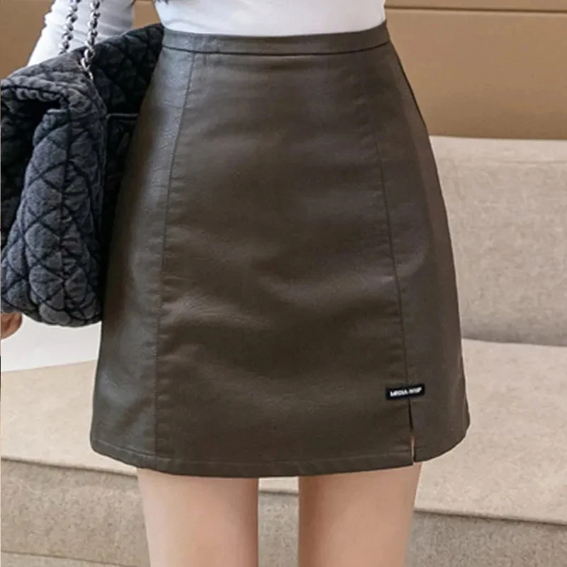 

Gidyq High Waist Women Leather Skirt Korean Fashion Streetwear Mini Skirts Casual Female Club Slit Pu A Line Skirts Spring New