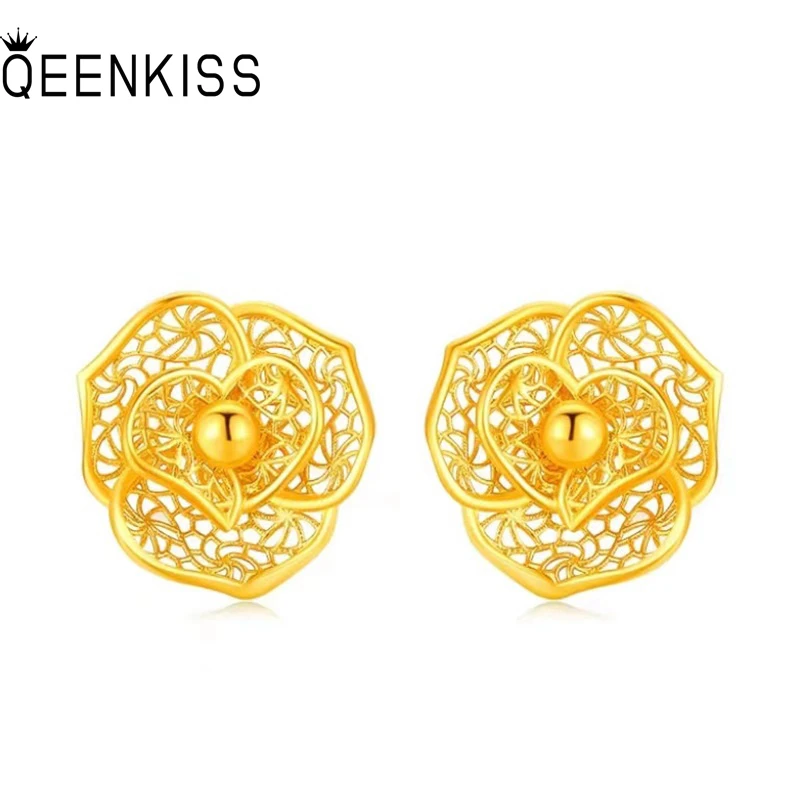 QEENKISS Gold Flower Stud Earrings for Women Party Birthday Wedding Christmas Bride Mother Girlfriend Ladies Fine Gifts EG5441