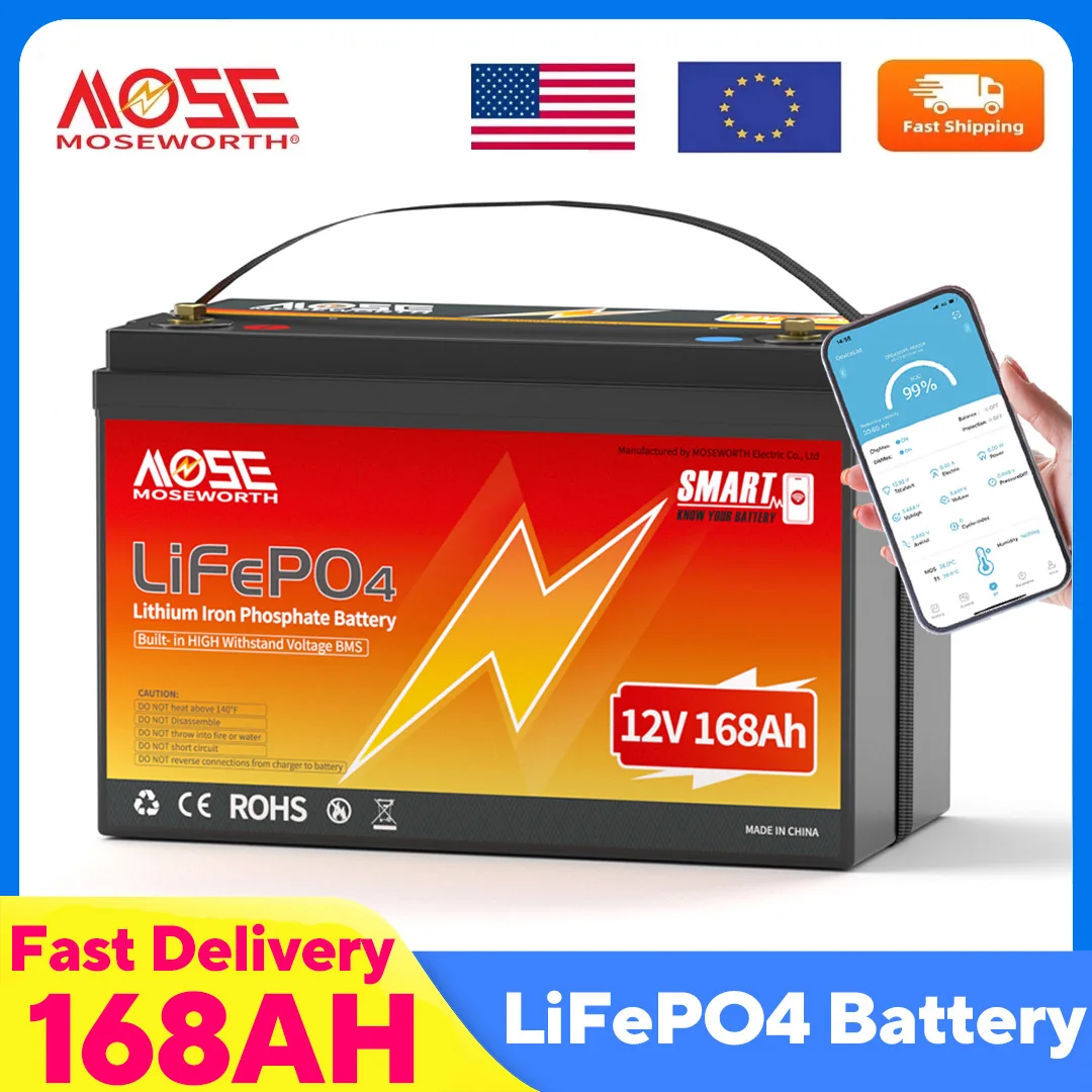بطارية MOSEWORTH 12 فولت 168 أمبير LiFePO4 مع بلوتوث BMS Group 31 بطارية ليثيوم مع 1.68X تدوم أطول مثالية لطاقة RV Solar