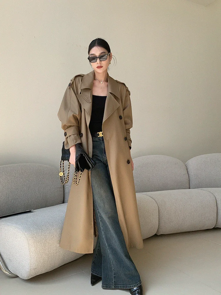 Trench coat women's length and width khaki fashion  spring and autumn waist thin coat loose fashion versatile high-end classic