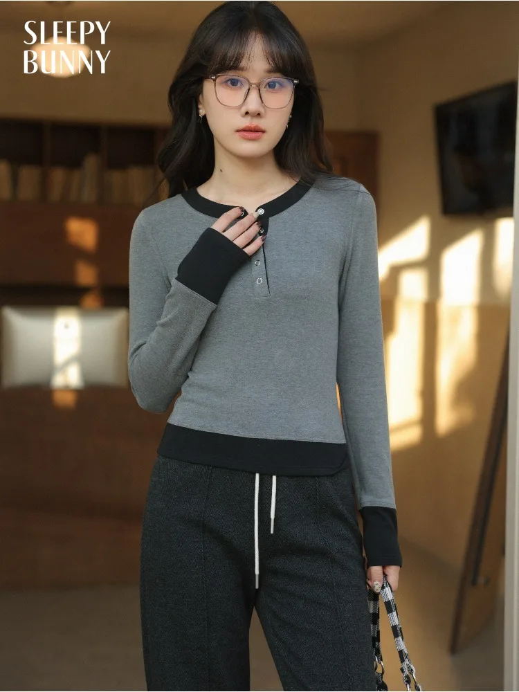 Women Fake Two Piece Top Spring Petite Slim Fit Innerwear Base Layer Cropped Long Sleeve T Shirt Lady Elegant Chic Casual Outfit