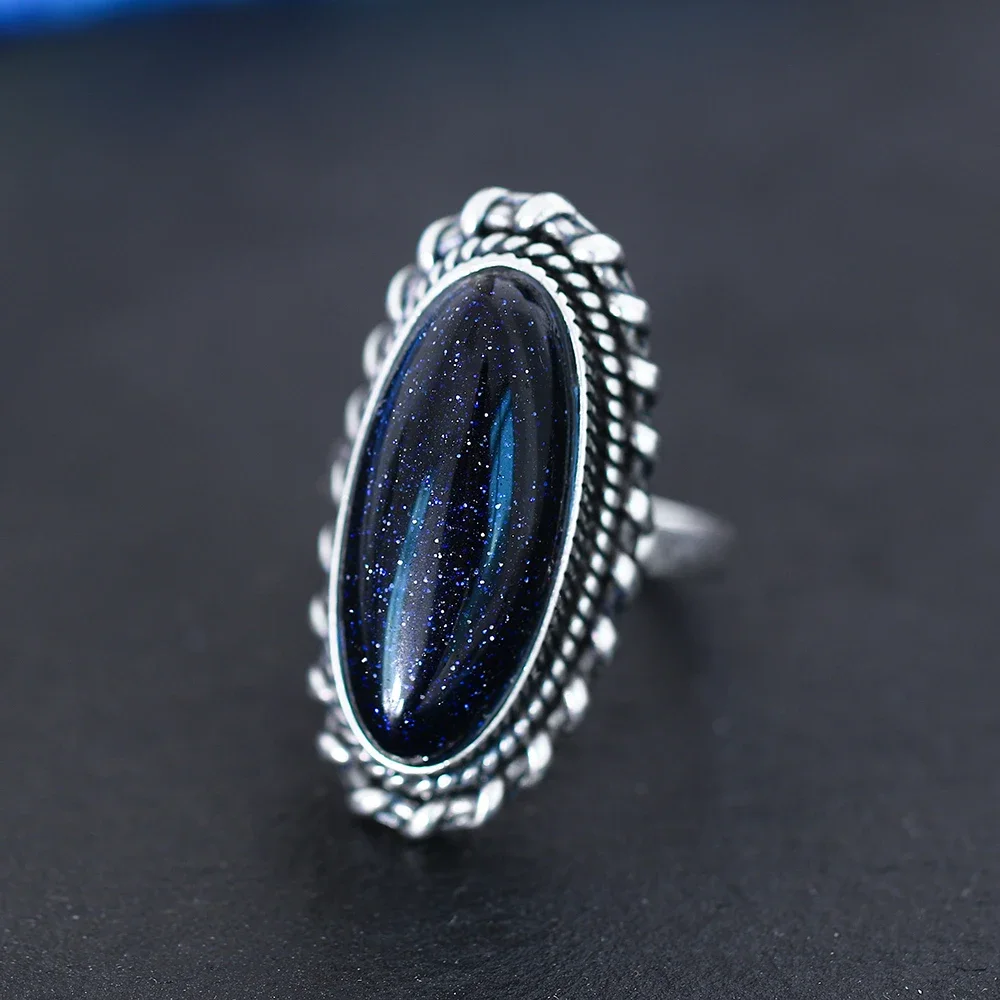 Large Silver Ring Vintage Natural Blue Sandstone Elegant Ring Wedding Party Gift 11*25mm Gemstone Jewelry Women's Ring