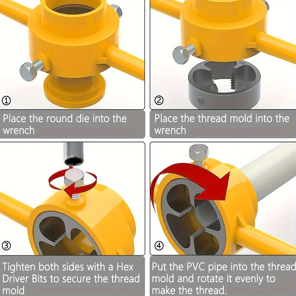 6-teiliges PVC-Rohrgewindeschneidwerkzeug-Set, Gewindeschneidwerkzeug, Rohrgewindeschneidset mit 1/2, 3/4, 1 Zoll Gewindeschneidköpfen, wiederverwendbar – Detail 6