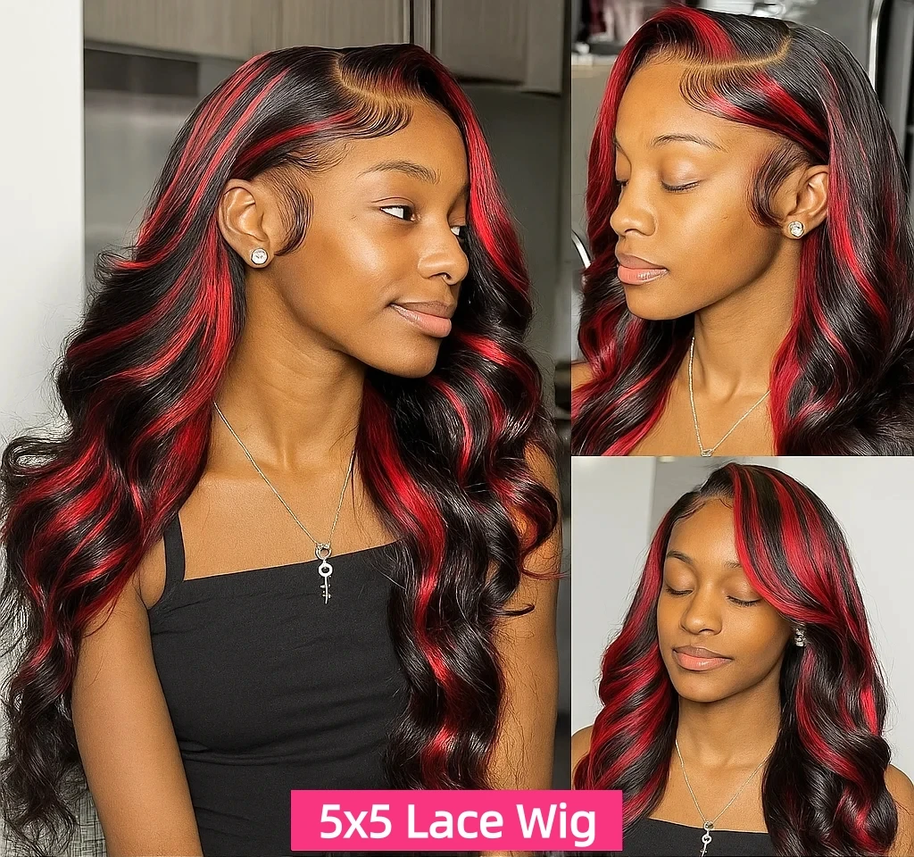 1B/99J أومبير الأسود مع الأحمر تسليط الضوء على الجسم موجة الباروكات 5x5 الدانتيل الجبهة غلويليس الباروكات شعر الإنسان الفيتنامية بورجوندي الملونة الباروكات