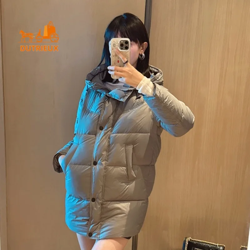 New Winter Down Jacket for Women , Mid-length Hooded 90% White Goose Down Down Jacket Loose Fit Windproof and Warm for Parties