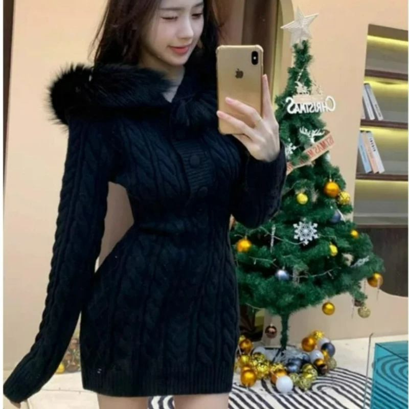 New Fashion Hooded Fur Collar Tight-fitting Dress 2026 Autumn/Winter Pure Desire Hot Girl Christmas Sexy Battle Dress for Women