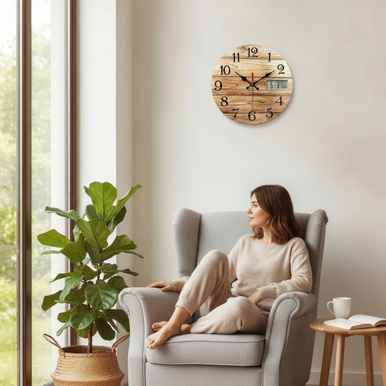 Analog Wall Clock with LCD Display Round Wall Clock with Digital Display Non-Ticking Silent for Living Room, Office