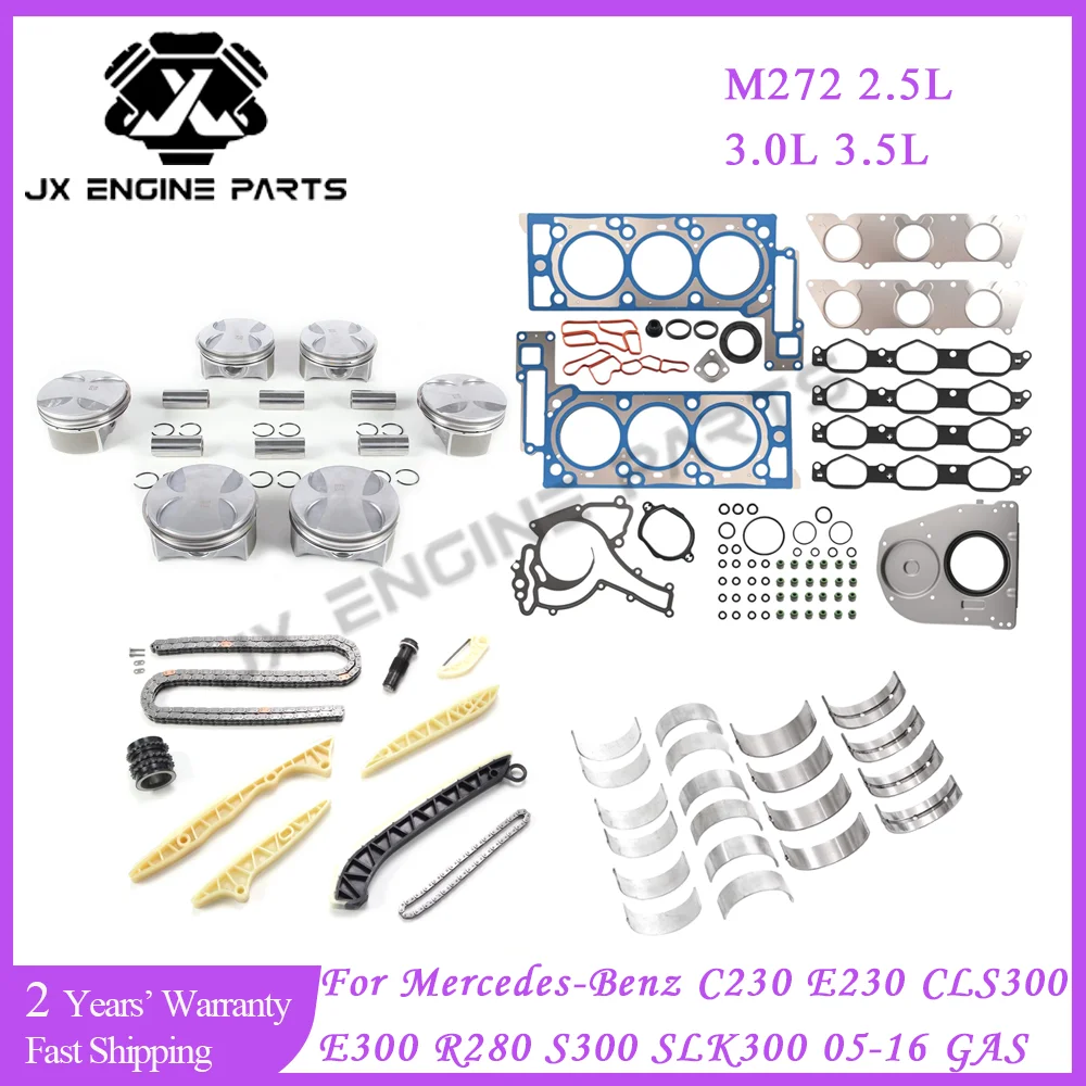 M272 Engine Timing Chain Kit Bearing Piston Gasket Set For Mercedes-Benz 2.5 3.0 3.5 C350 CLS350 E300 ML350 R350 SL350 3.0L 3.5L