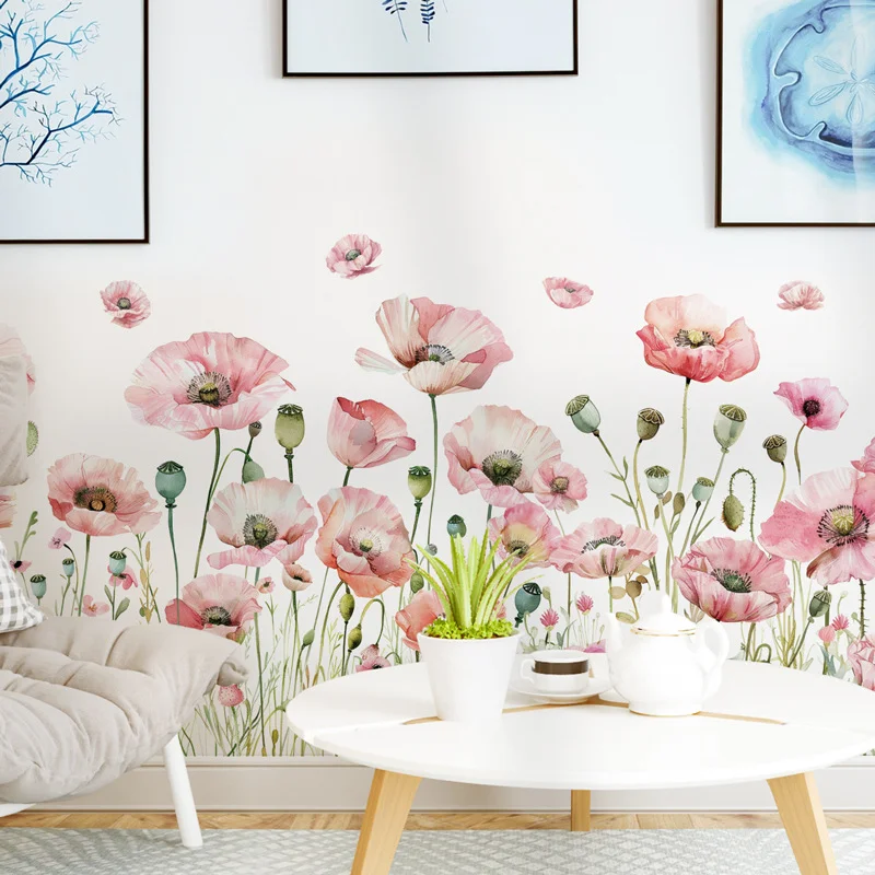 Watercolor Pink Poppy Wall Stickers, Floral Border with Delicate Poppies Kitchen Living Room Decor