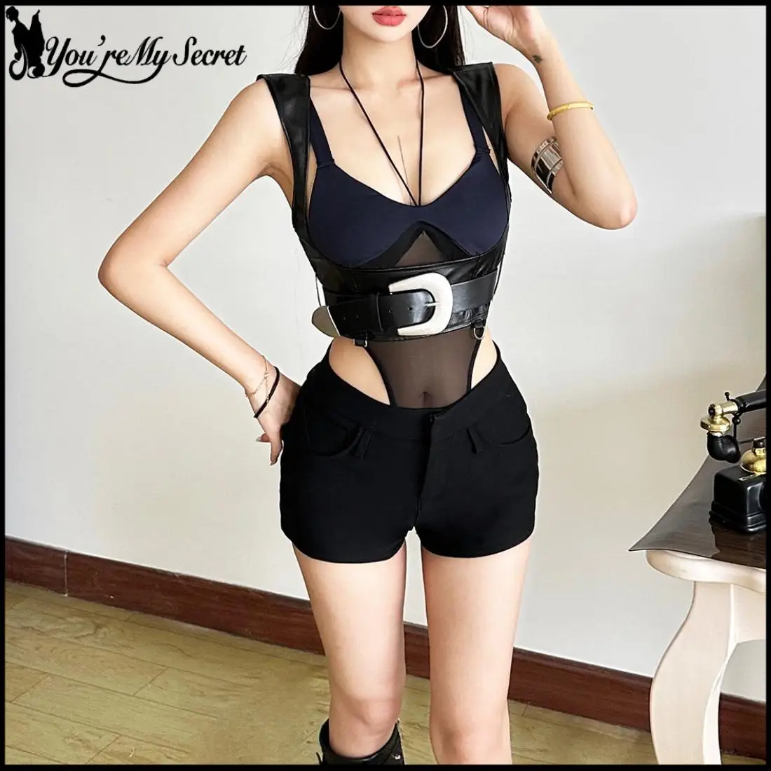 [You're My Secret] Hip hop Strap Women's Bodyduit Punk Style Onesie with Metal Buckle Belt Sexy See though Balckless Onesie