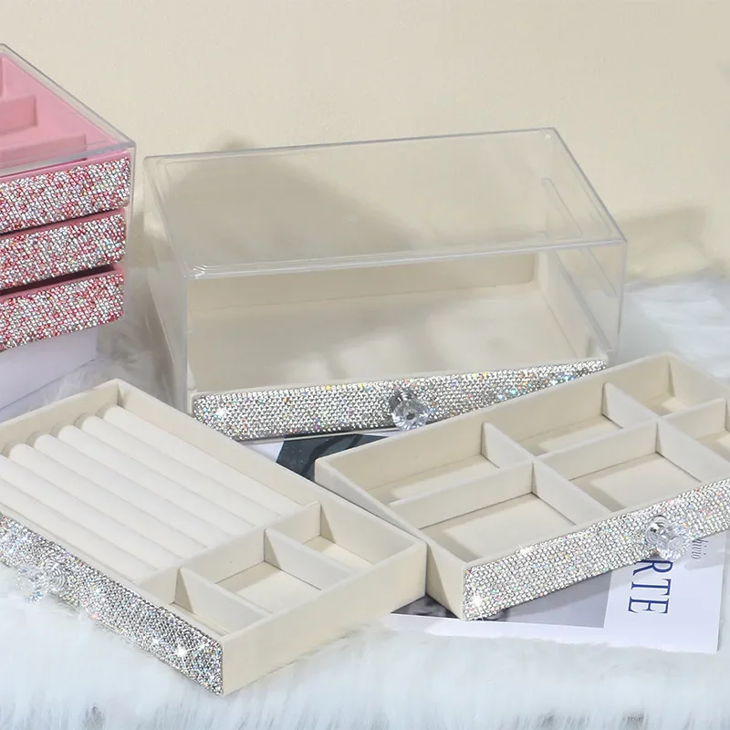 Rhinestone Three Layer Velvet Jewelry Storage Box Transparent Earring Jewelry Organizer Ring Display Jewelry Box Dust Proof Case 3