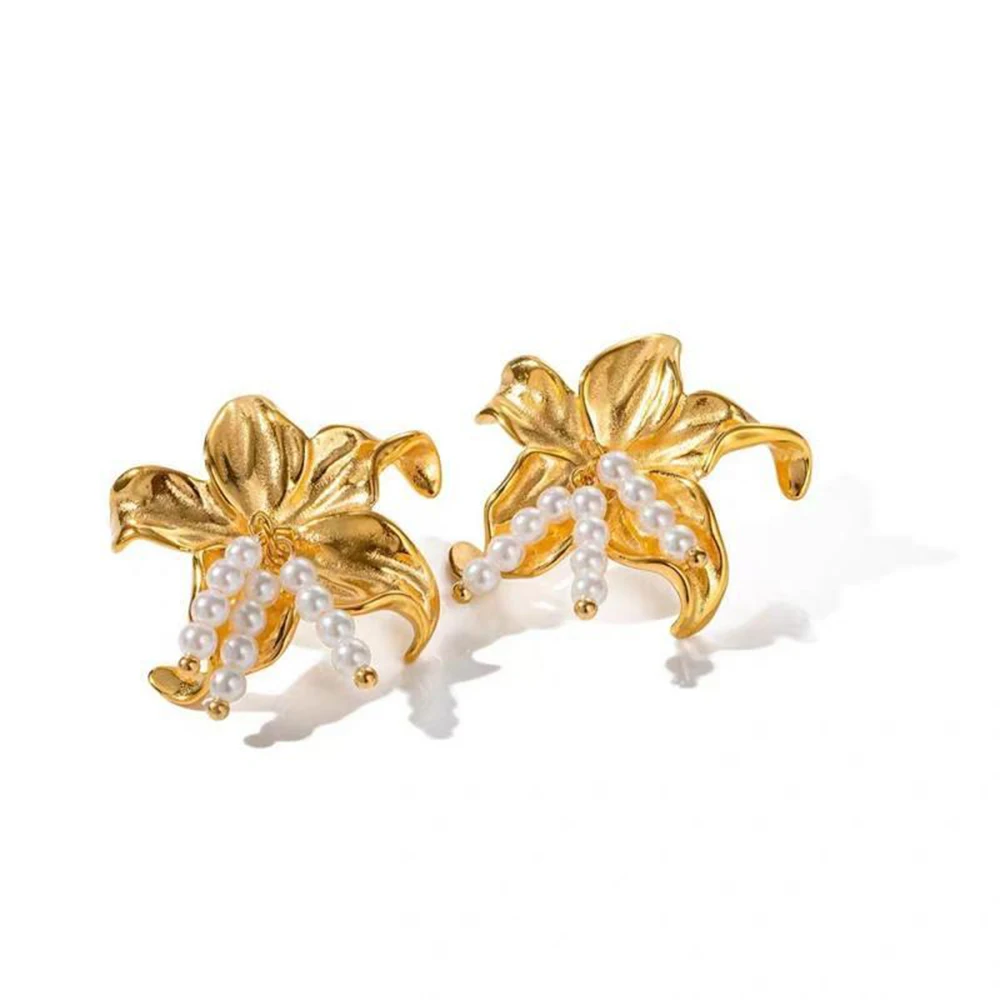 

Stylish 18K Gold Plated Stainless Steel Flower Big Statement Stud Earrings Metal Imitation Pearl Charm Jewelry Gift