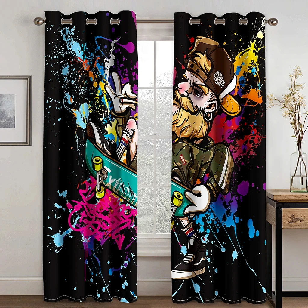 

2 Pcs Street Art Curtains Trendy Graffiti Pattern Print Living Room Bedroom Study Sun Shade Curtains Modern Home Decor