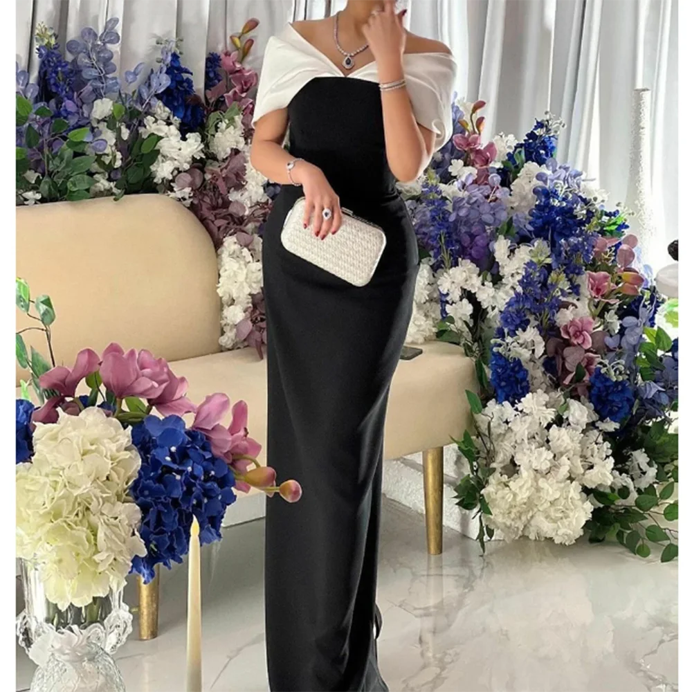 High Quality Black Evening Party Dresses White Off the Shoulder Floor Length Straight Slim Fit Luxury Elegant Women Prom Gowns