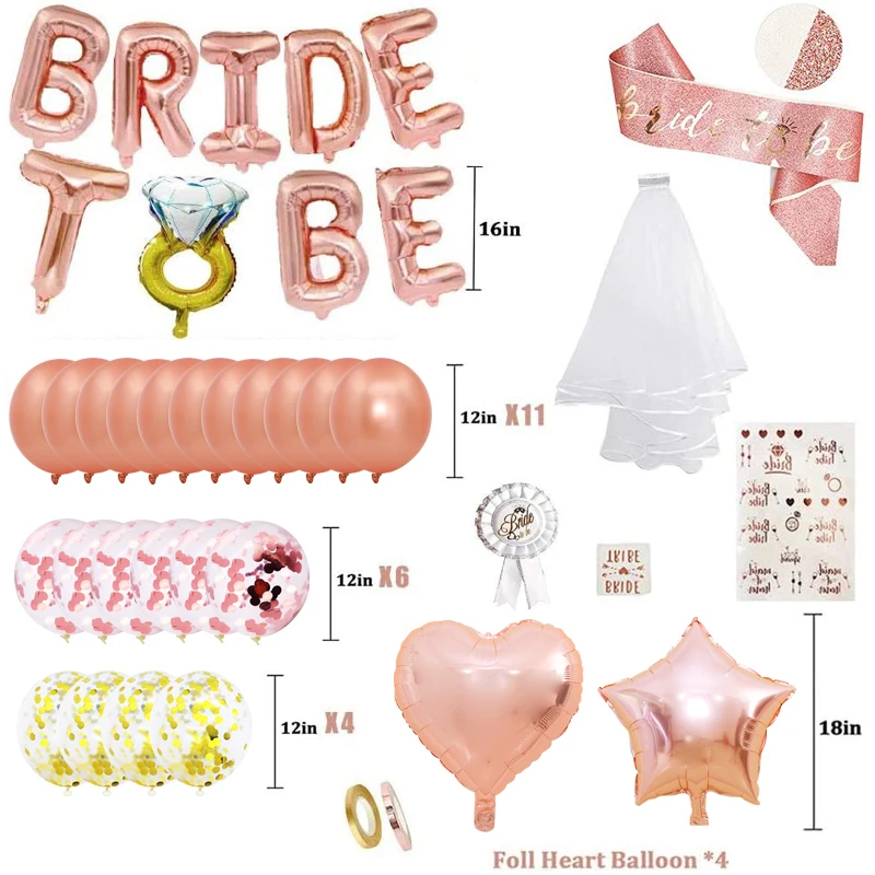 30pcs/Set Bride To Be Decoration Party Rose Gold Balloon Team Bride Accessories Tattoo Sticker Veil Satin Sash Badge Hen Party