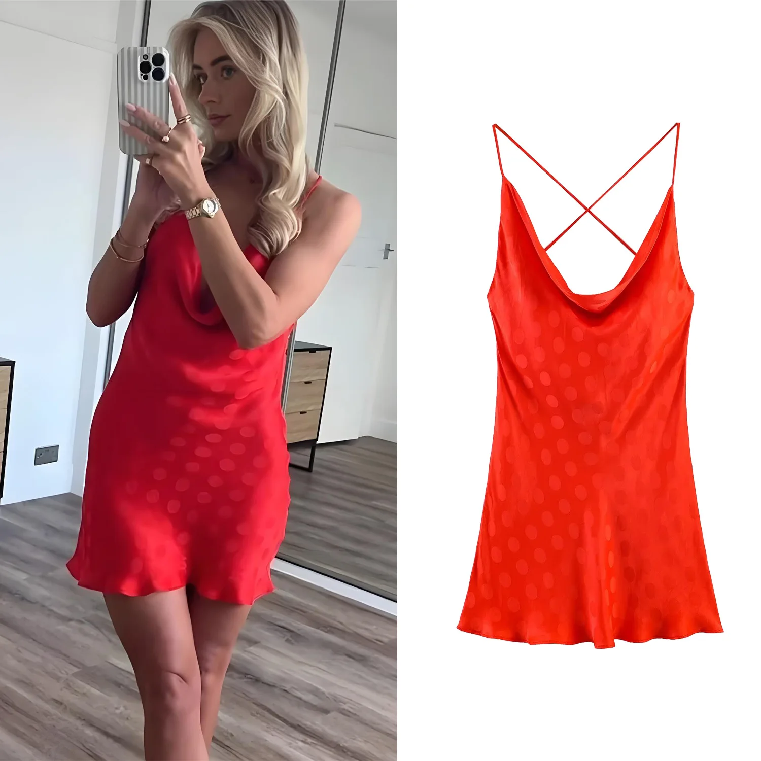 

Women Red Sexy V-Neck Backless Halter Mini Dresses Summer Female Fashion Silk Satin Dress Lady Party Sleeveless Slip Dress