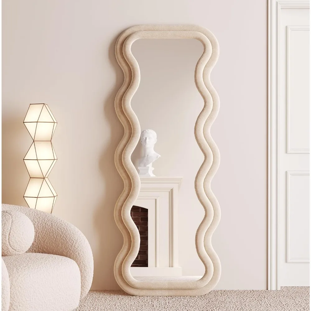Full Length 63 x 24 Wall Mirror - Flannel Wrapped Wooden Frame Floor Leaning Mirror with Irregular Wavy Design