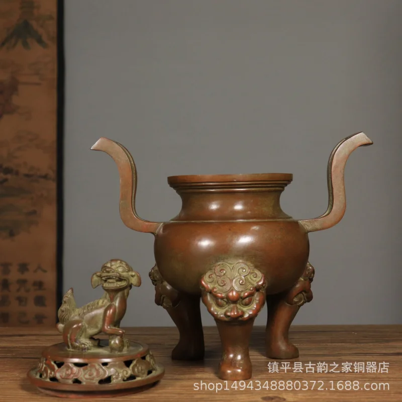 Pure Three Lions Foot Bridge Ear Sky Roar Incense Aromatherapy Burner Ornament Office Living Room Shop Copper Deco
