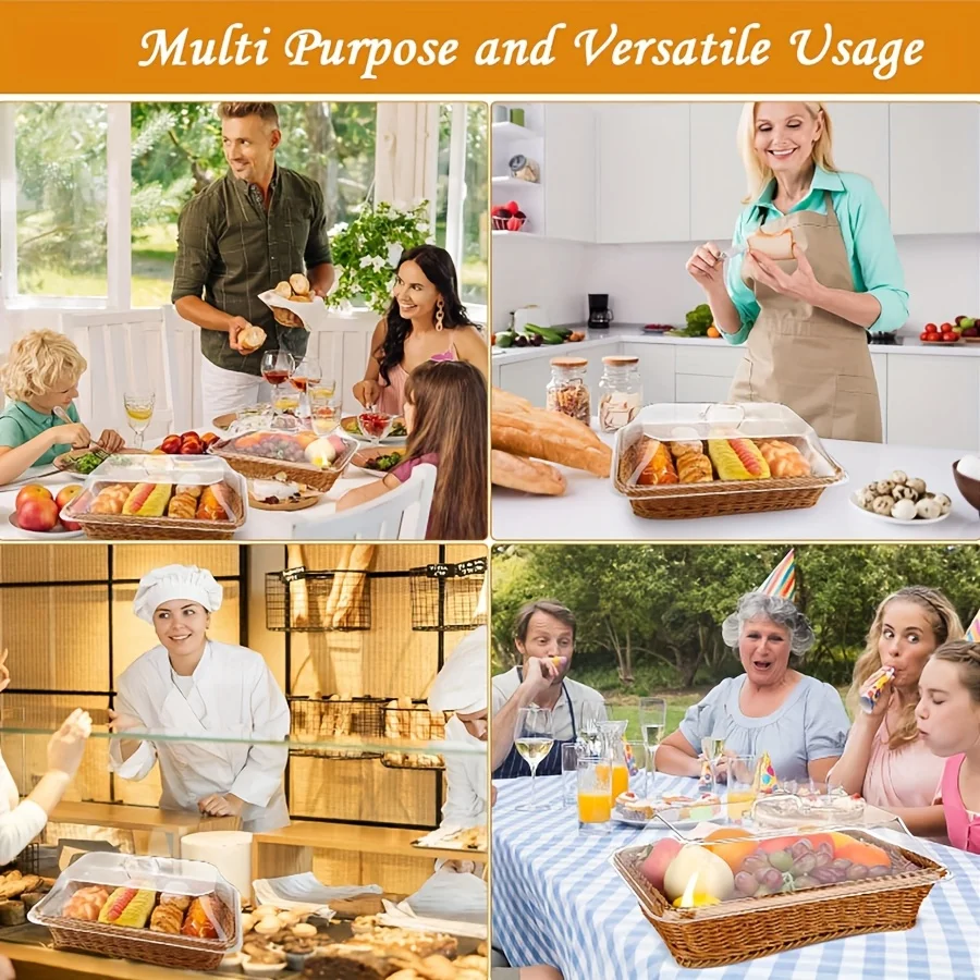 سلة خبز الروطان المعاصرة مع غطاء قبة أكريليك، صينية تقديم خوص متعددة الأغراض، متينة وقابلة للغسل، للحلويات والفواكه #4