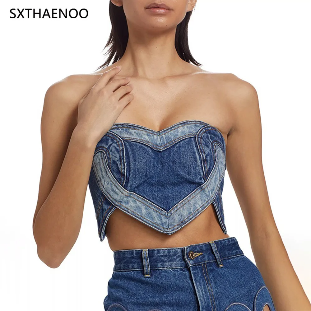 

SXTHAENOO Trendy Denim Bustier Tops Women Heart-motif-Flattering Summer Party and Festival Looks Fashion Sexy High Street Top