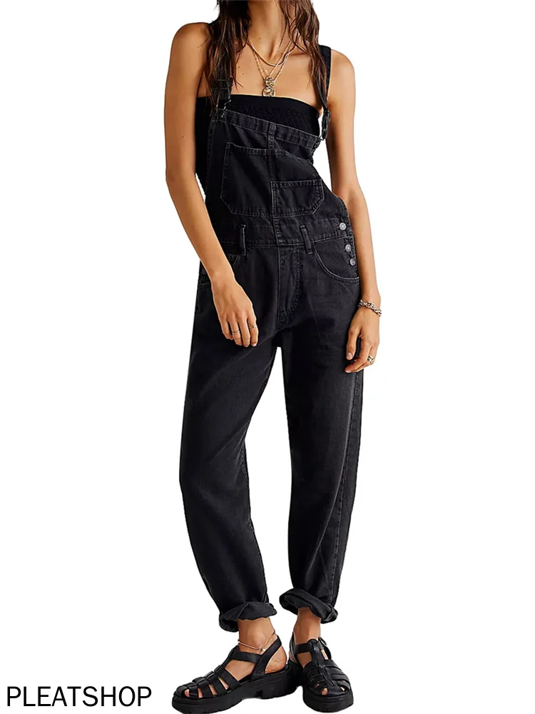 Jumpsuit panjang Denim wanita Fashion celana baju monyet kaki lebar tali Spaghetti kasual Overall Bib longgar musim panas