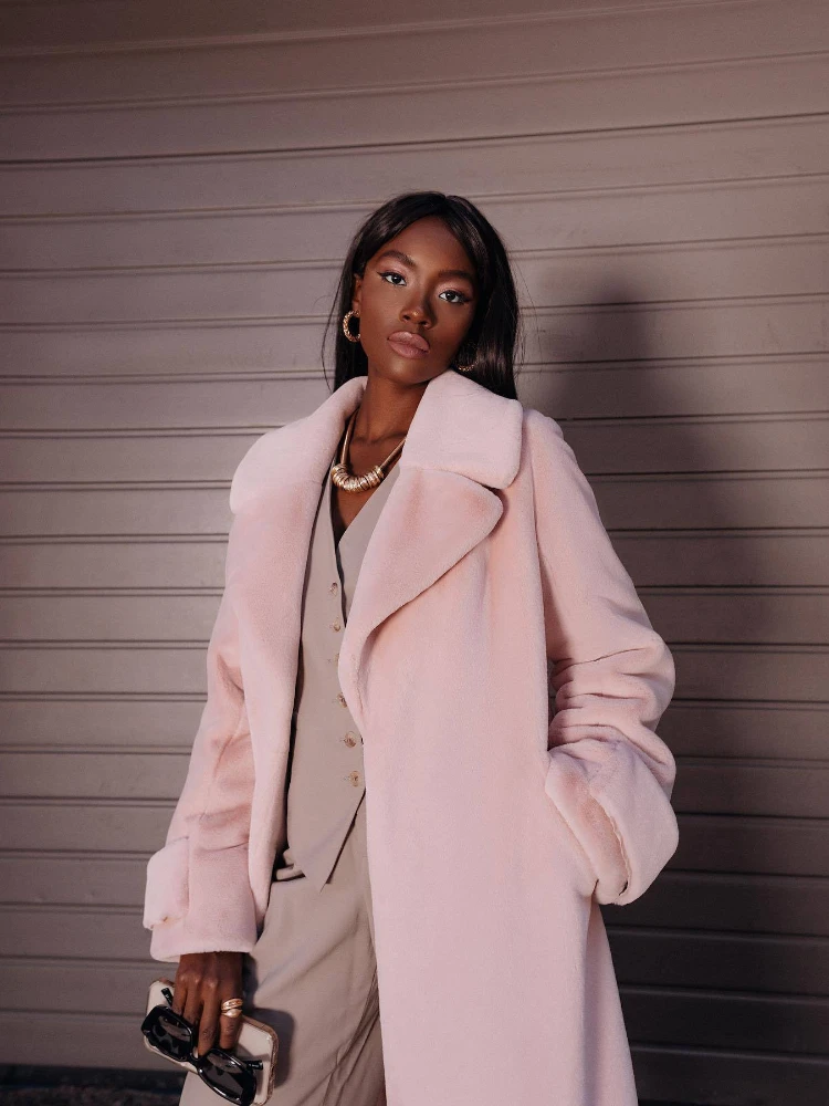 Luxury Brand Winter Faux Rabbit Fur Coat Women Long Fur Coat Thick Warm Soft Belt Trench Coat Lapel Overcoat Fluffy Jacket Trend